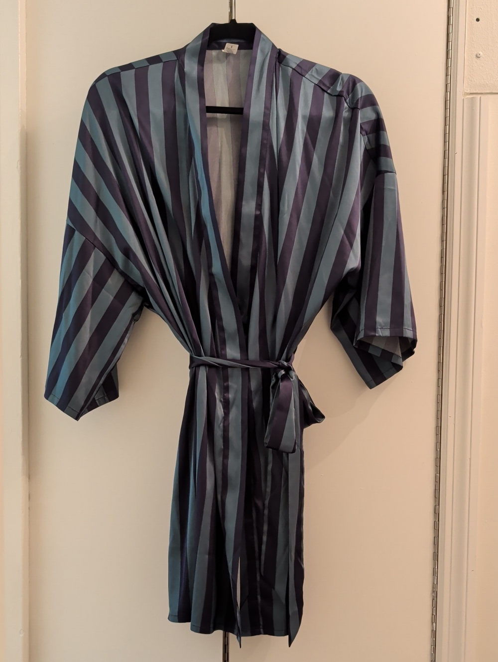 Parade Satin Teal Navy Blue Striped Short Robe Size S